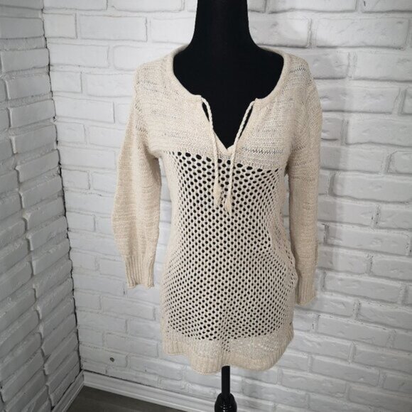 Eddie Bauer Ladies Size Medium Tan Mesh Vneck Knit Sweater - Picture 1 of 9